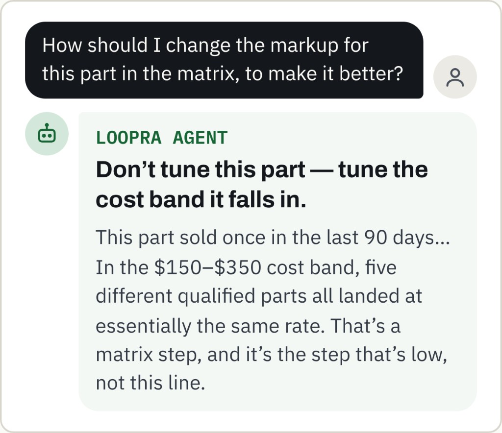 Loopra Agent recommending a matrix cost-band markup change